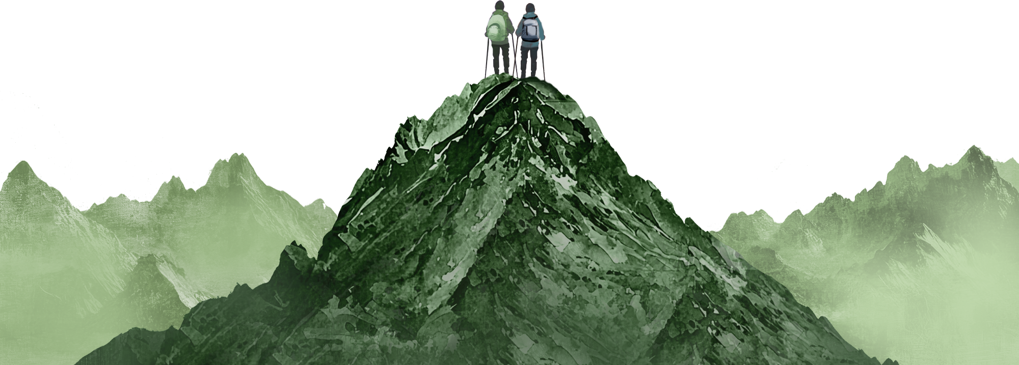 2人が山の頂上に登頂しているイラスト